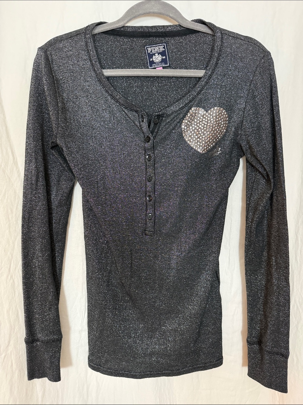 PINK Victoria's Secret Shimmer Henley with Rhinestone Heart - Black